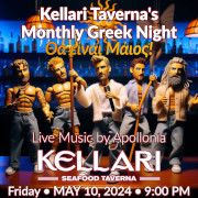 Please join us on Friday, May 10, 2024 for Kellari Taverna's Monthly Greek Night for a fun evening of authentic Greek music, food and dancing with live Greek music by Apollonia starting at 9:00 PM! Click here for details!