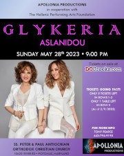 Apollonia Productions in cooperation with The Hellenic Performing Arts Foundation presents Glykeria & Melina Aslanidou Live in Maryland on Sunday, 5/28/23, at Ss. Peter & Paul Antiochian Orthodox Christian Church in Potomac, MD. Reserved table seating now on sale at DCGreeks.com!