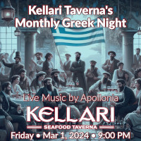 Please join us on Friday, March 1, 2024 for Kellari Taverna's Monthly Greek Night for a fun evening of authentic Greek music, food and dancing with live Greek music by Apollonia starting at 9:00 PM! Click here for details!