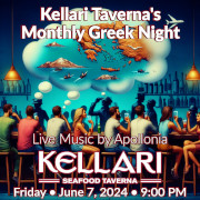 Please join us on Friday, June 7, 2024 for Kellari Taverna's Monthly Greek Night for a fun evening of authentic Greek music, food and dancing with live Greek music by Apollonia starting at 9:00 PM! Click here for details!