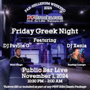 Join Greeks from over two dozen states (maybe more) for the DCGreeks.com PHW 2024 Friday Greek Night at Public Bar Live in Washington, DC on November 1, 2024!