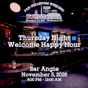 Kick-off Pan-Hellenism Weekend 2026 at our Welcome Happy Hour on Thursday, 11/5/2026 at 8:00 PM at Bar Angie, with locals and dozens of Greeks checking in on Thursday Night! Click here for details!