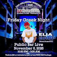 Join Greeks from over two dozen states (maybe more) for the DCGreeks.com PHW 2026 Friday Greek Night at Public Bar Live in Washington, DC on November 6, 2026! Click here for details!